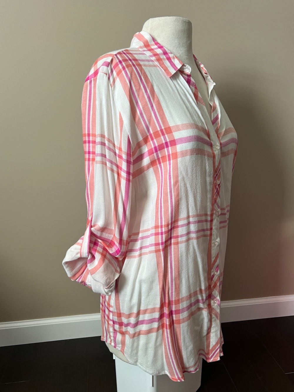 Womens Lightweight Pink & Coral Plaid Button-Up Shirt Sz L - Picture 9 of 9